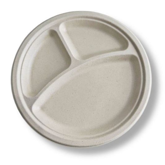 3-Compartment Round Plate | Sugar Cane | Compostable | 500 Per Case